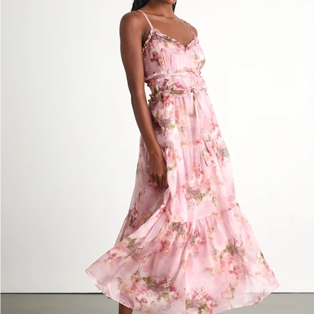 Lulu's Pink Floral Tiered Midi Dress
